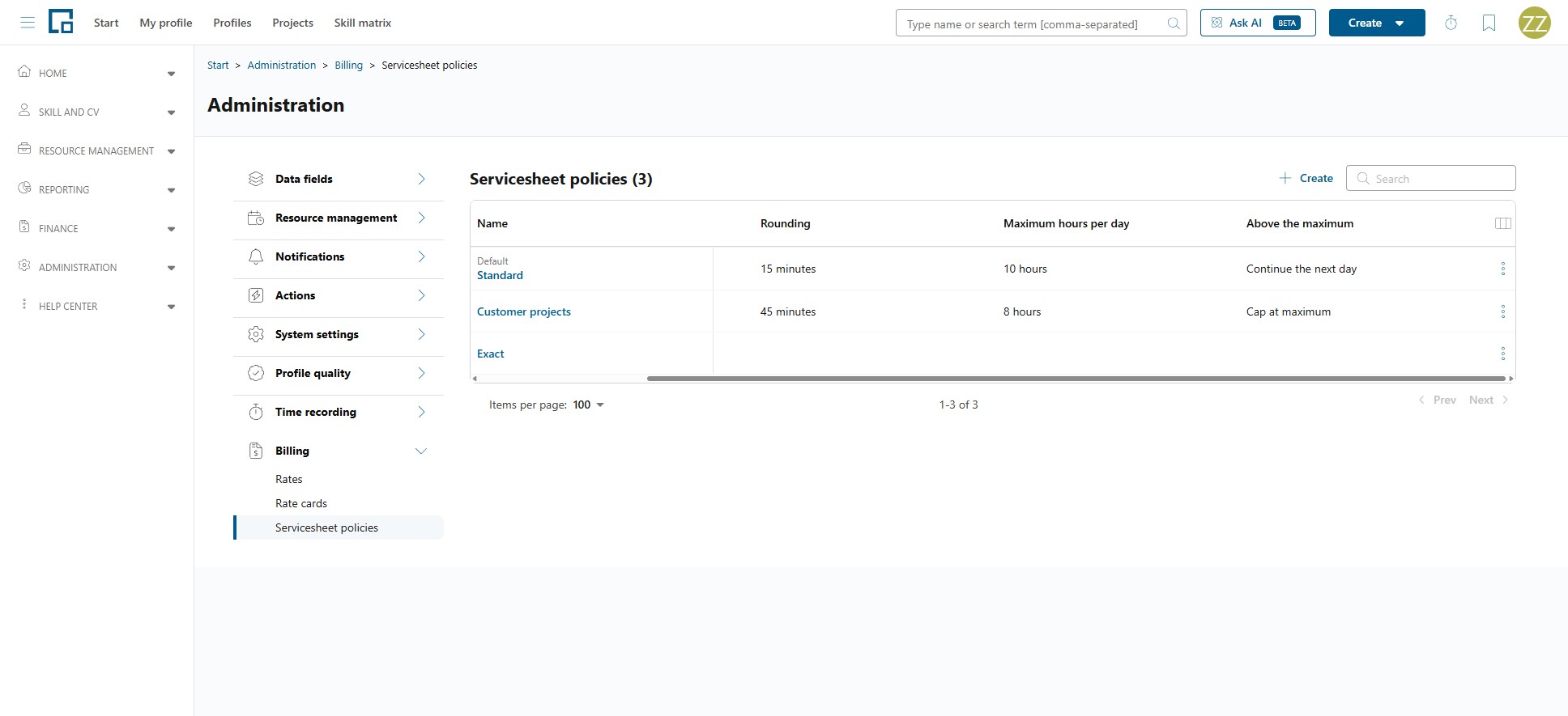 Servicesheet policies grid with rounding, maximum hours per day and above the maximum behavior, one marked default