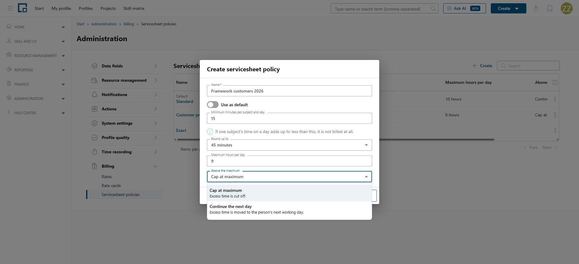 Create servicesheet policy dialog with minimum minutes, rounding, daily maximum and the above the maximum options