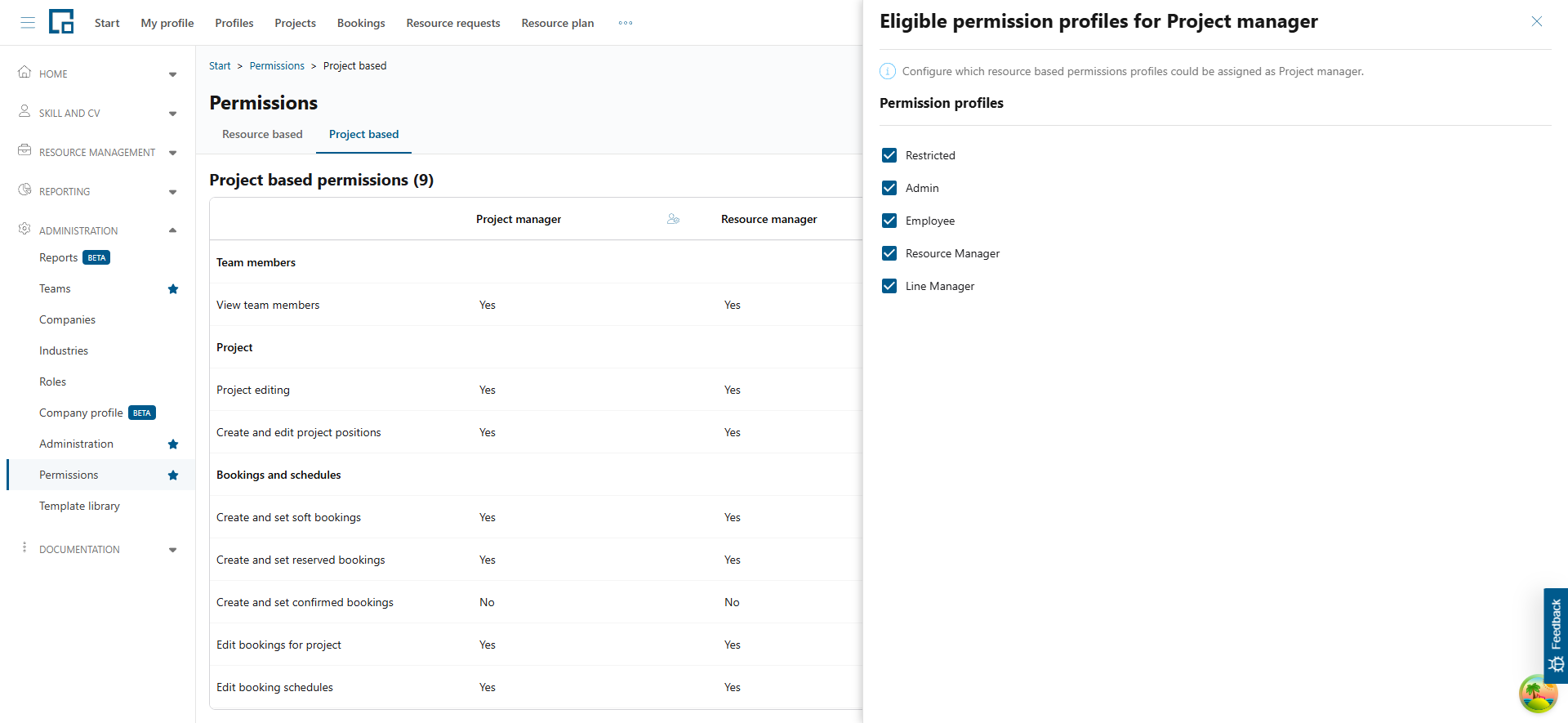 Project based permissions with a side drawer selecting the permission profiles eligible as project manager