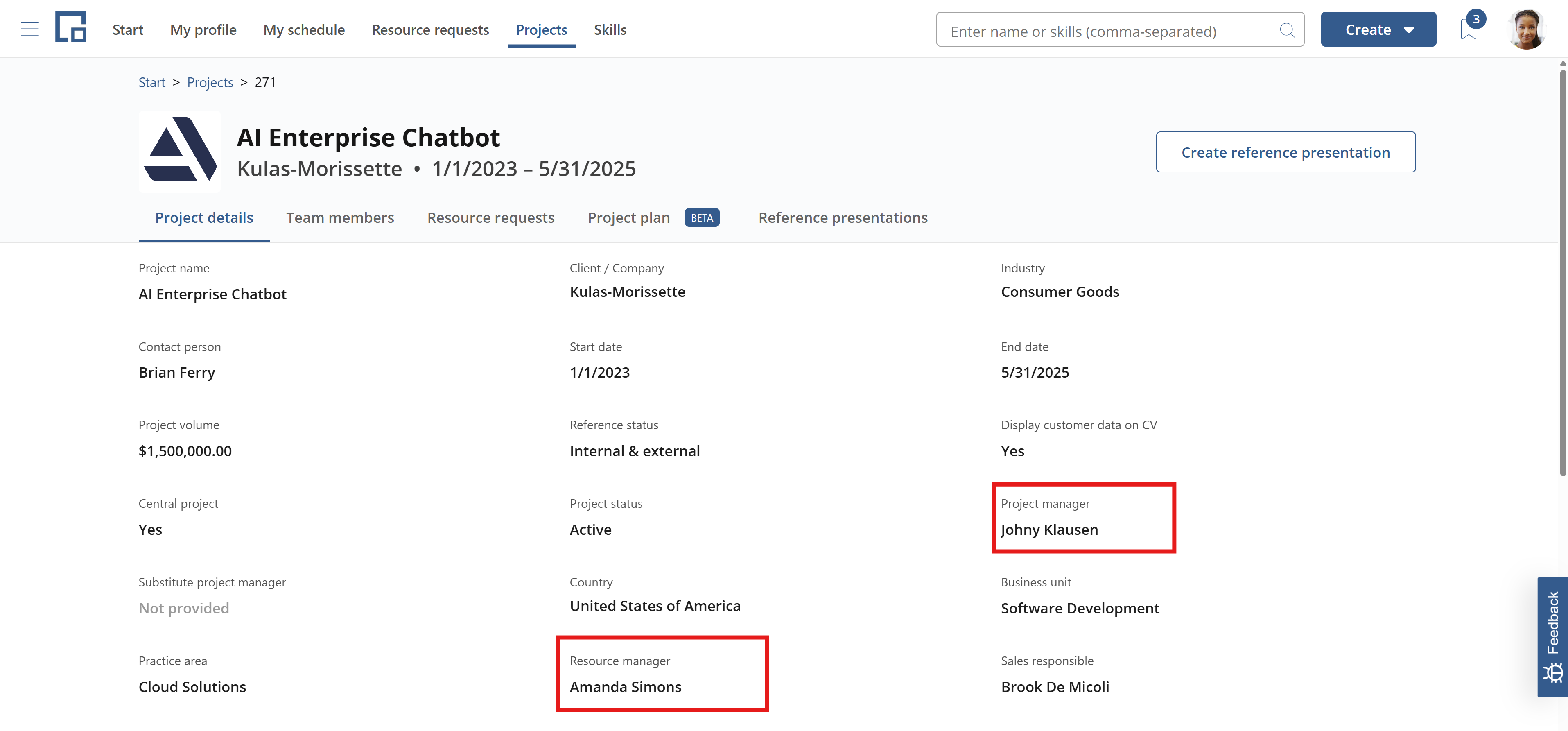 Project details with the project manager and resource manager fields highlighted