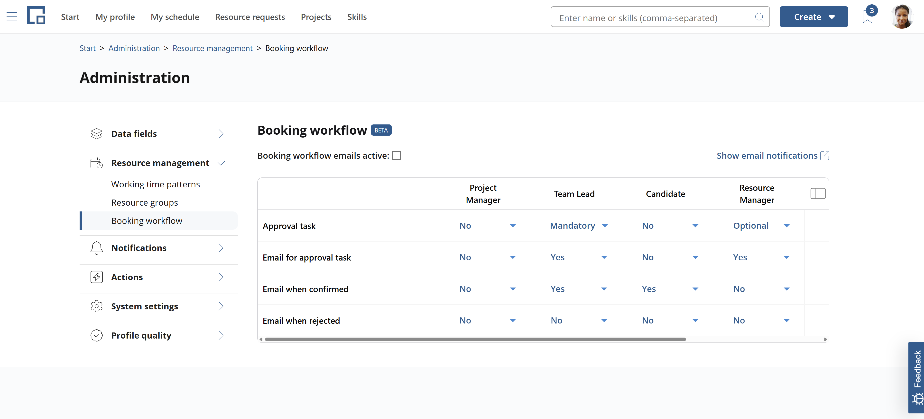 Booking workflow configuration with approval task and email rows per role, set to mandatory, optional, yes or no