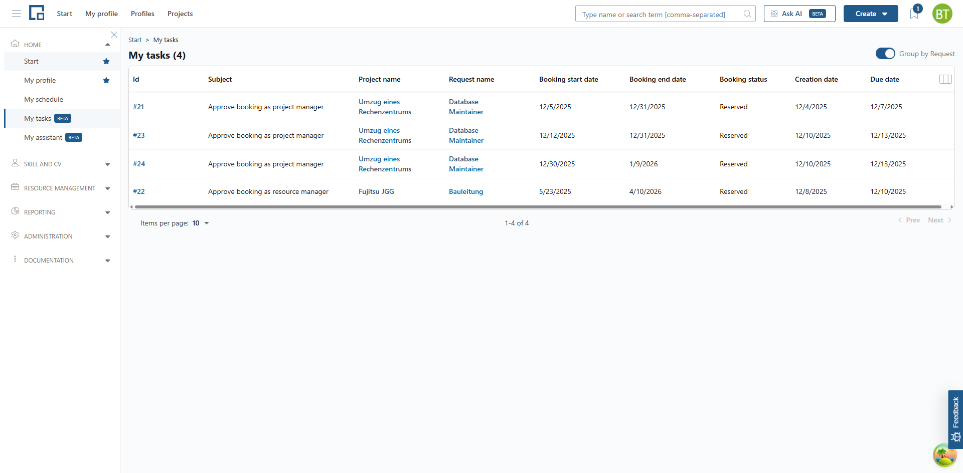 My tasks list of booking approval tasks with project, request, booking dates, status and due date