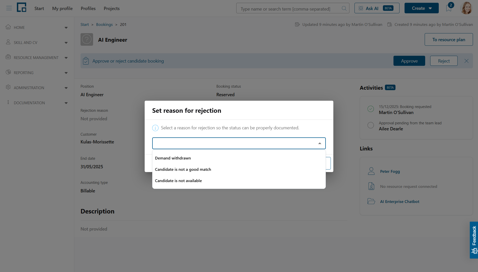 Rejection dialog with a dropdown of rejection reasons