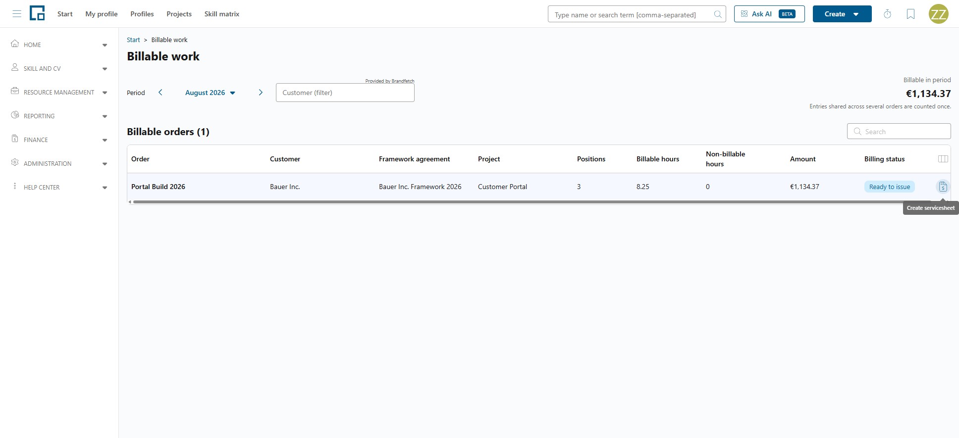 Billable orders row with the Create servicesheet action and its tooltip