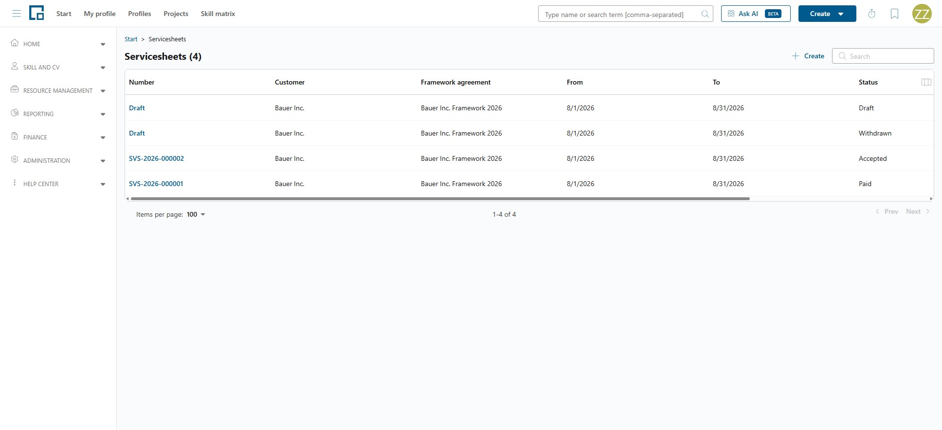 Servicesheets list with number, customer, framework agreement, period and status per servicesheet