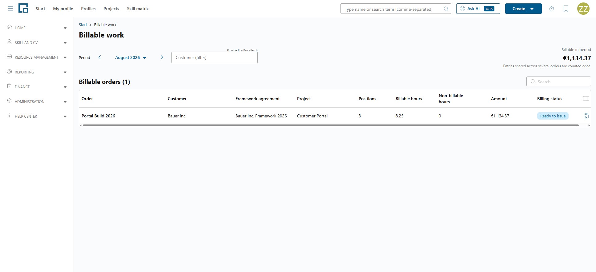 Billable work page with the billable total per period and the billable orders grid