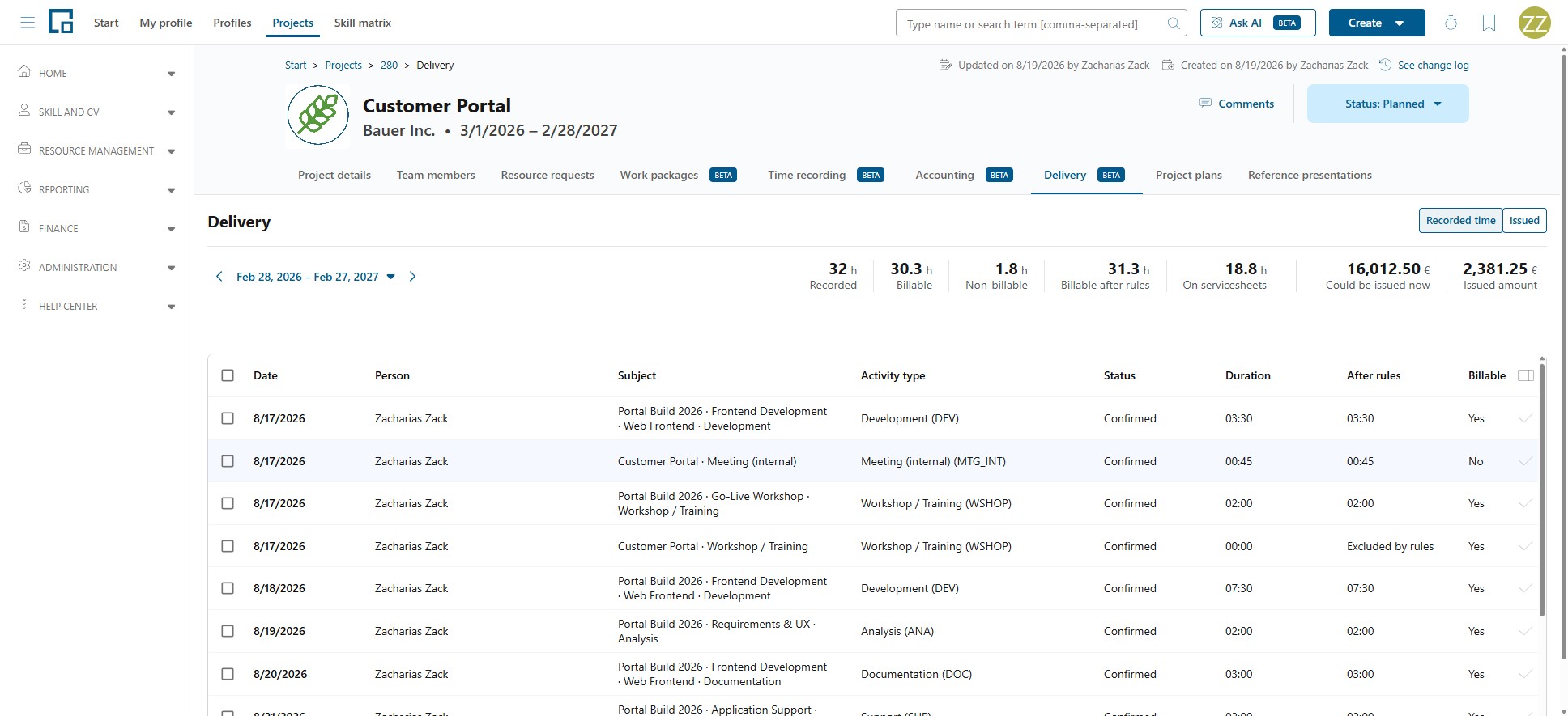 Project Delivery tab with recorded and billable totals above the recorded entries and their billing state