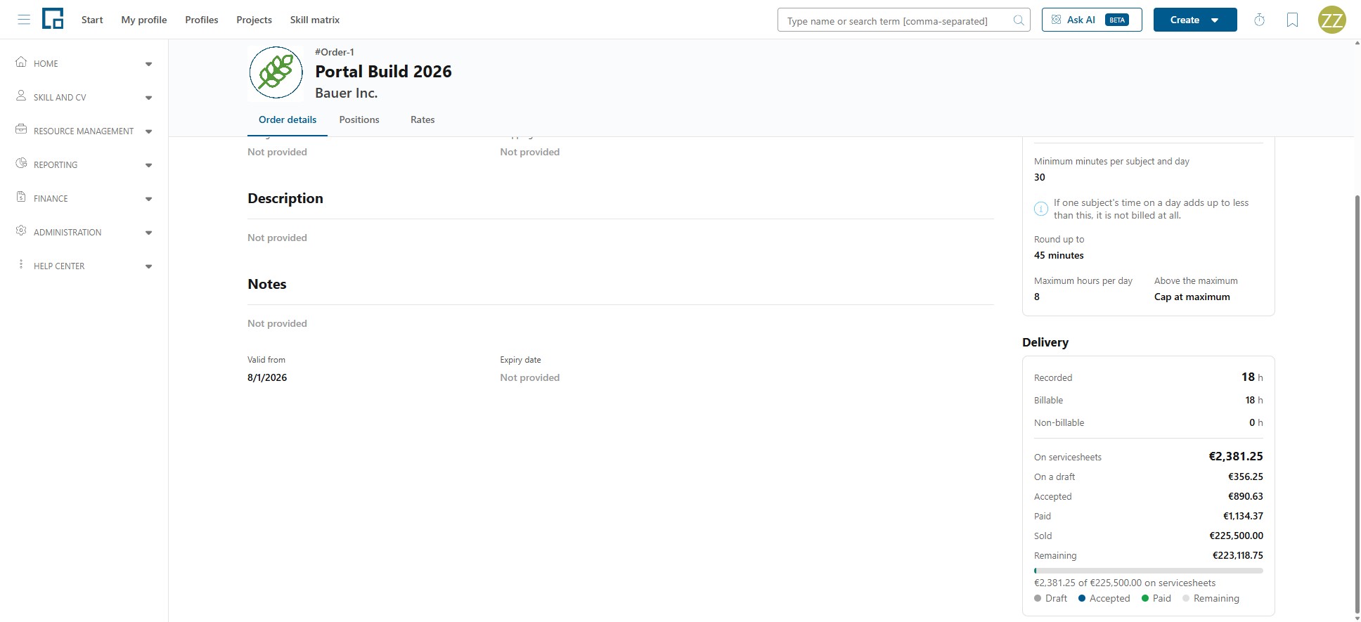 Order Delivery section with recorded hours, servicesheet amounts and a bar split into draft, accepted and paid