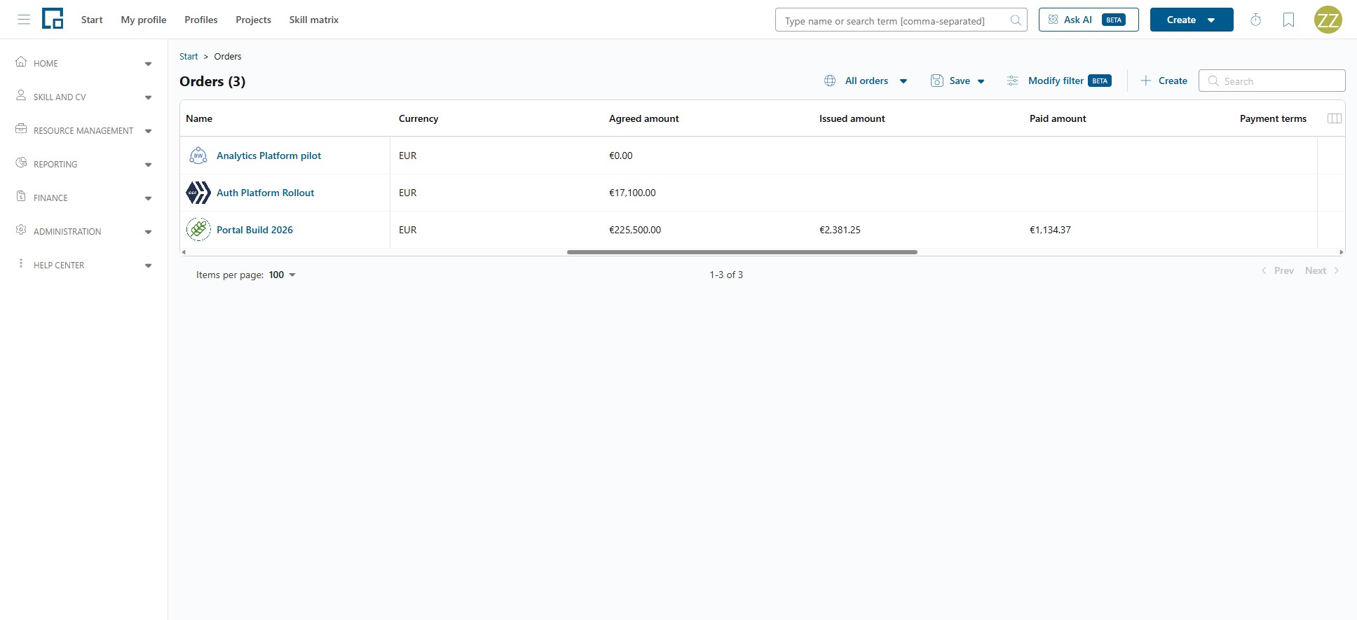 Orders grid with currency, agreed amount, issued amount and paid amount columns