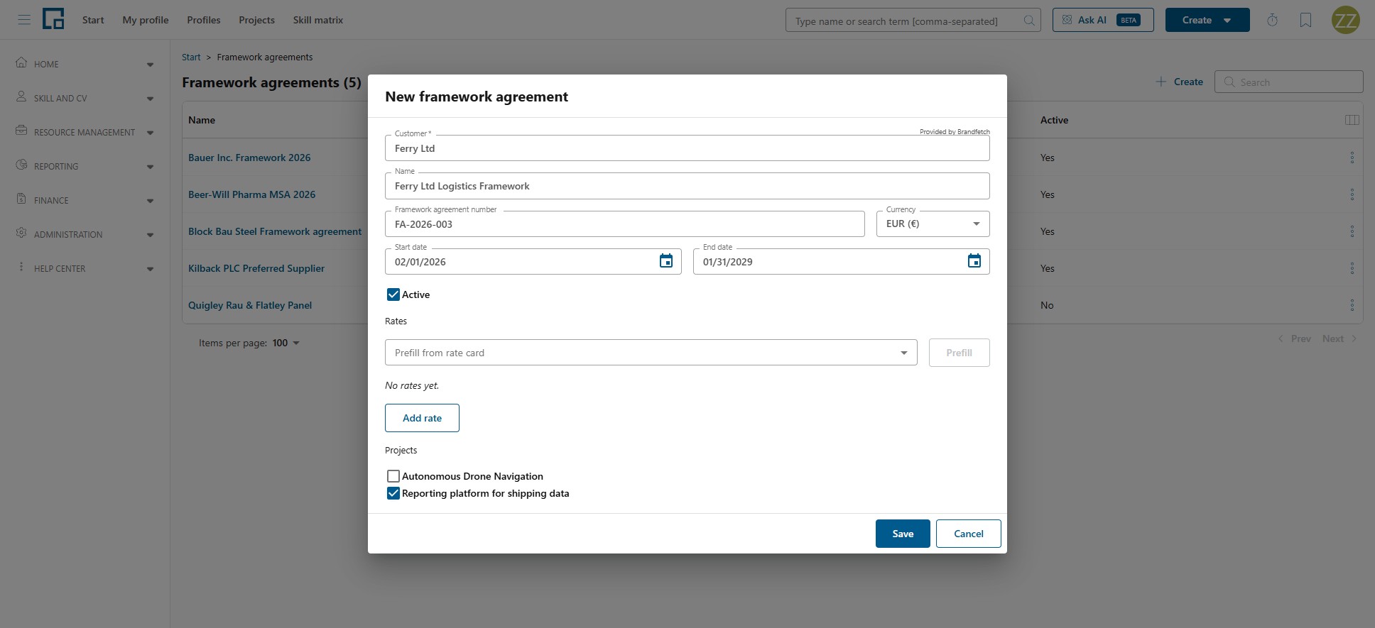 New framework agreement dialog with customer, name, number, currency, validity dates and project selection