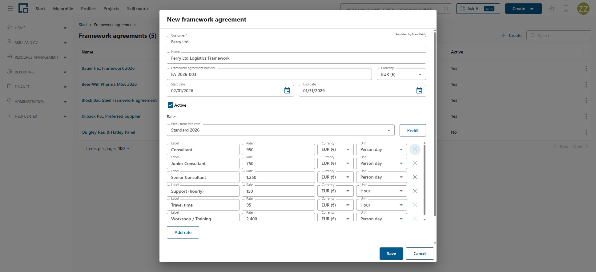 Rates section of the dialog prefilled from a rate card, with label, rate, currency and unit per entry