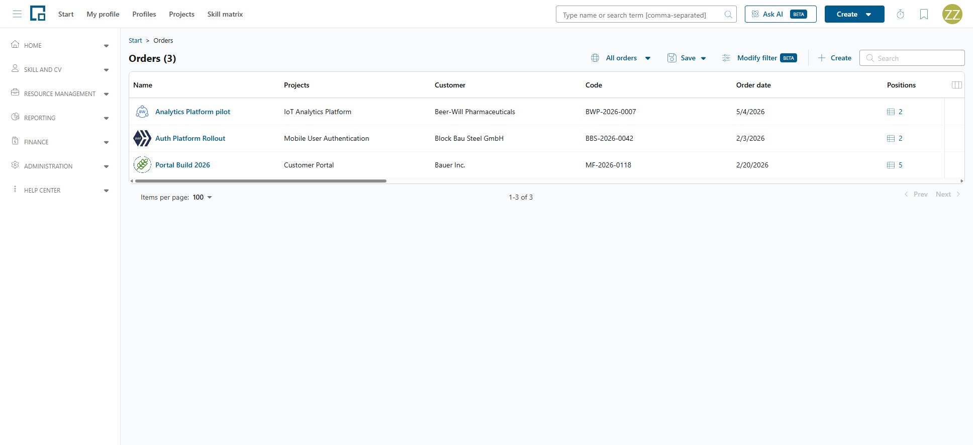 Orders list with name, projects, customer, code, order date and number of positions