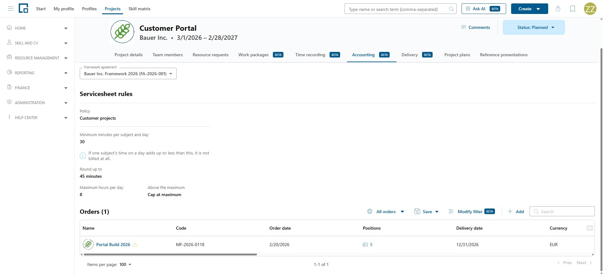 Project Accounting tab with framework agreement, servicesheet rules and the orders attached to the project