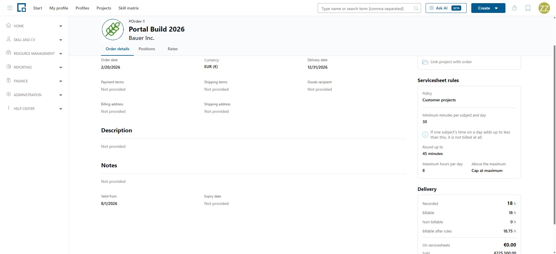 Order detail page with order fields, servicesheet rules and delivery figures