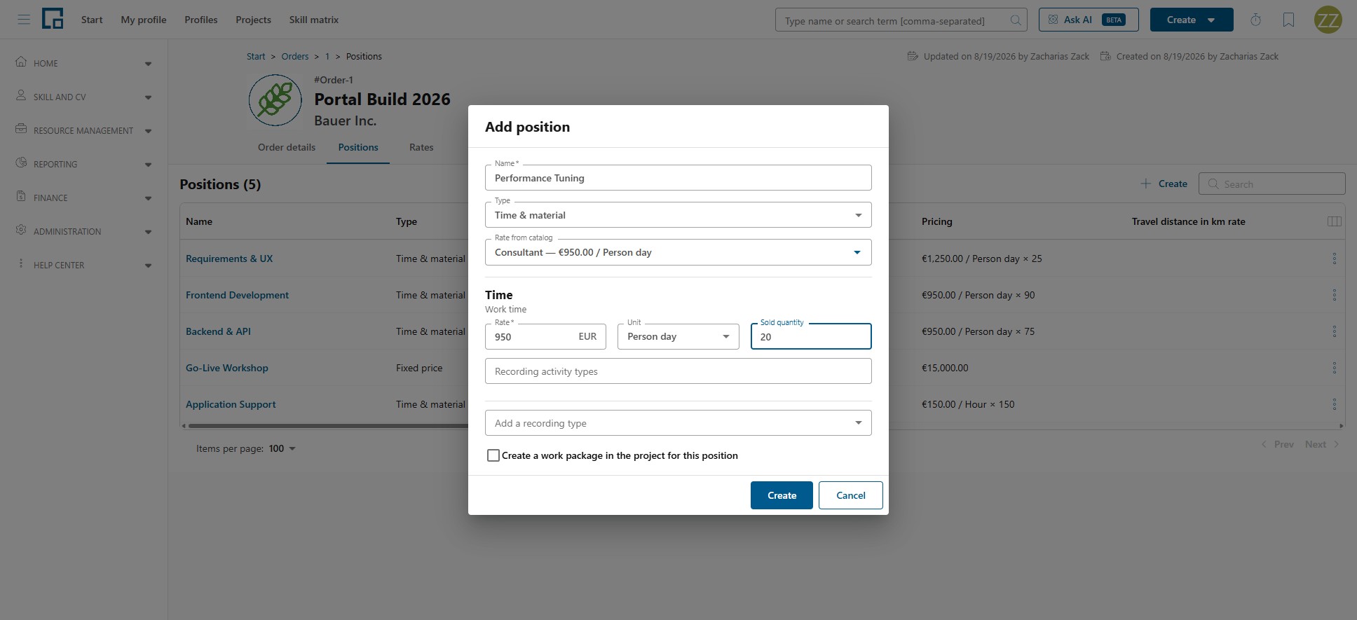Add position dialog with a rate picked from the catalog, unit and sold quantity