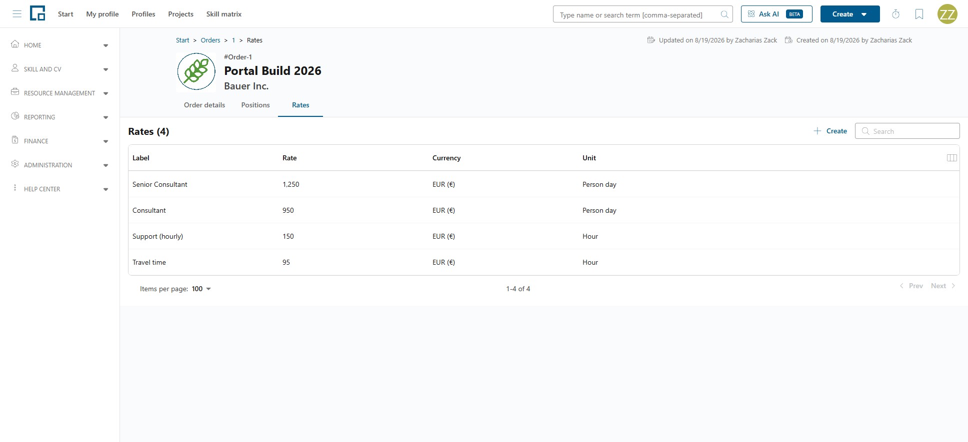 Order Rates tab listing label, rate, currency and unit for each rate