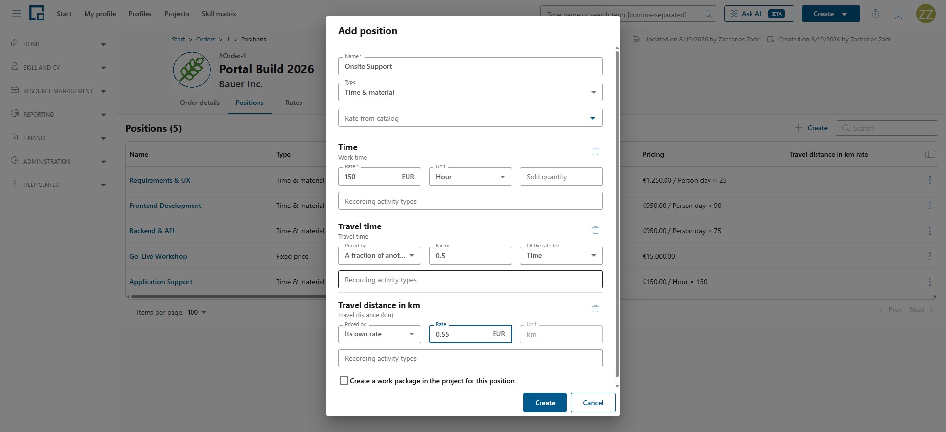 Add position dialog for time and material with work time, travel time at a share of the rate and travel distance
