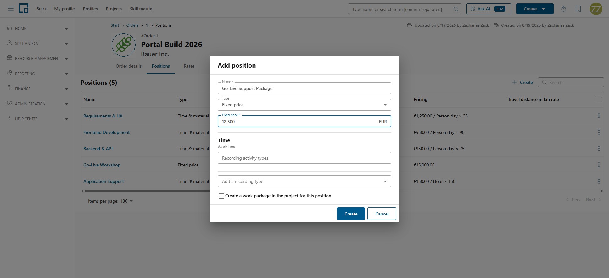 Add position dialog for a fixed price position with the lump sum above the recording types