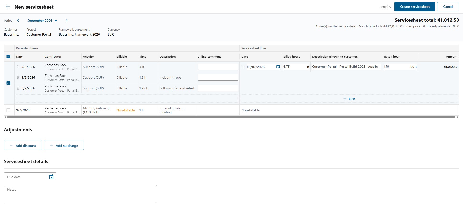 Composer with several recorded entries combined onto one line and a non-billable entry marked