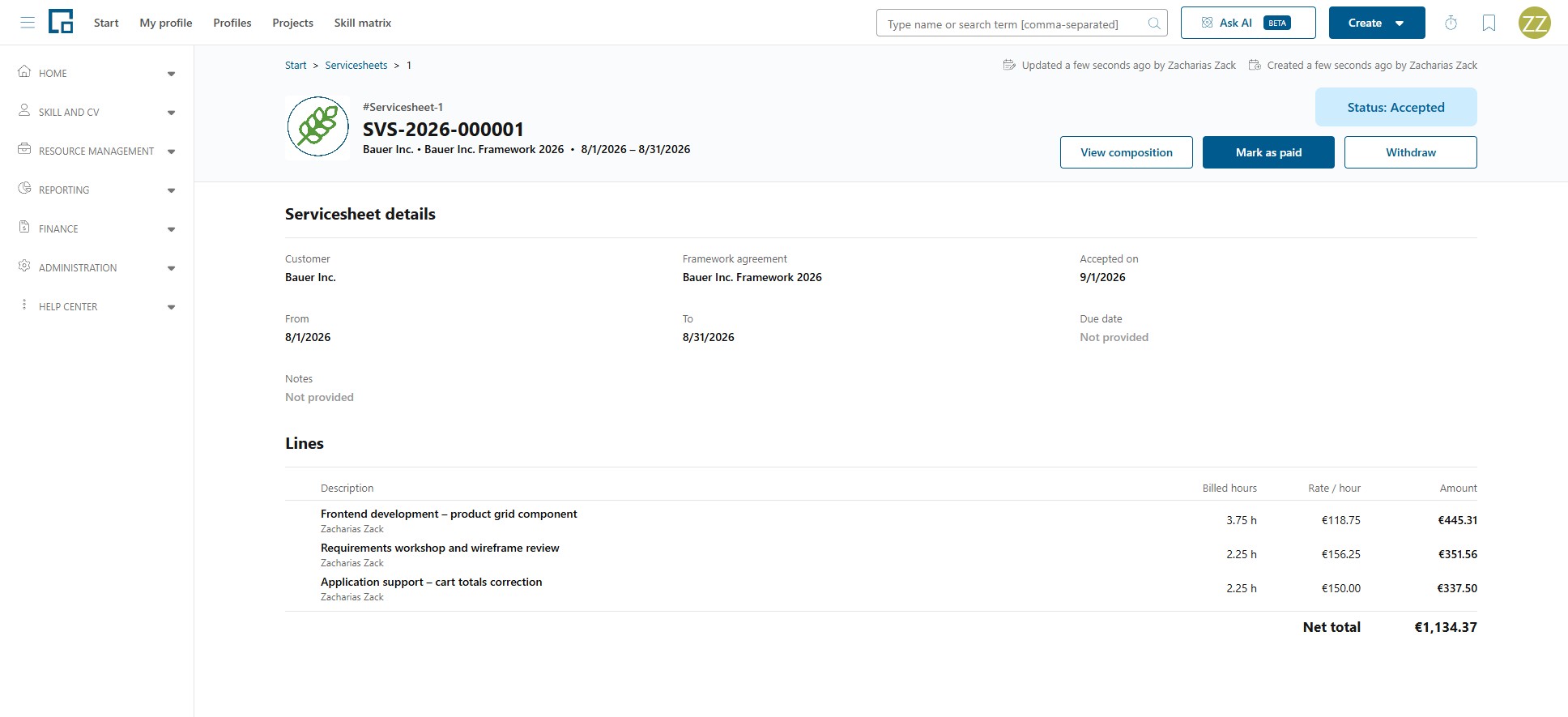 Accepted servicesheet with details, lines, net total and the View composition, Mark as paid and Withdraw actions