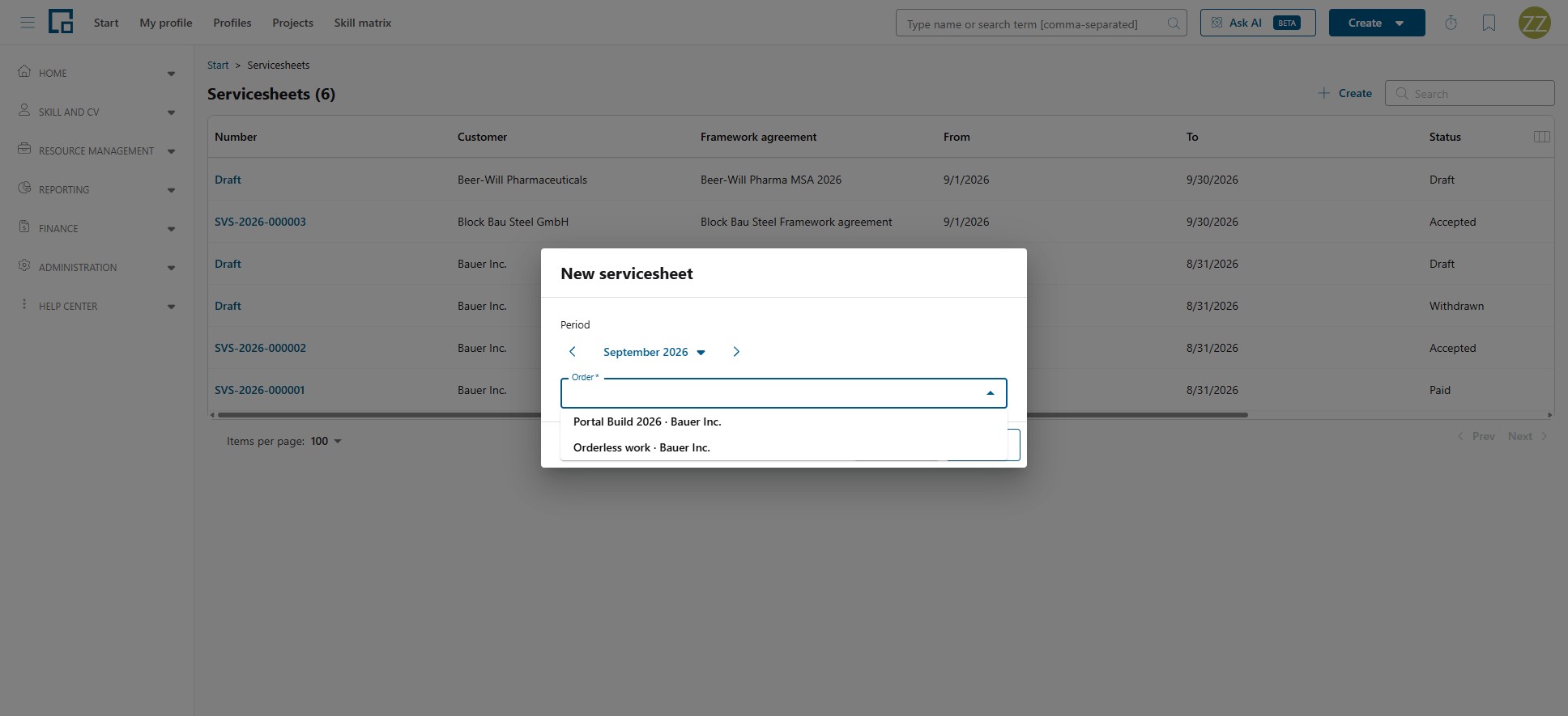 New servicesheet dialog with the period picker and the orders that have invoiceable work