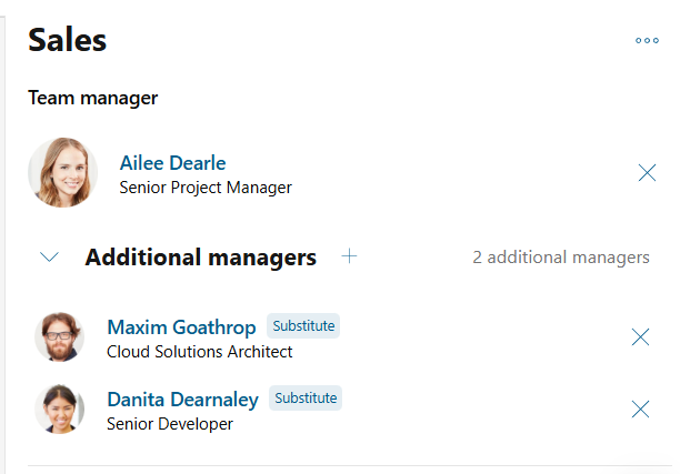 Team panel listing the team manager and additional managers, two of them marked with a Substitute tag