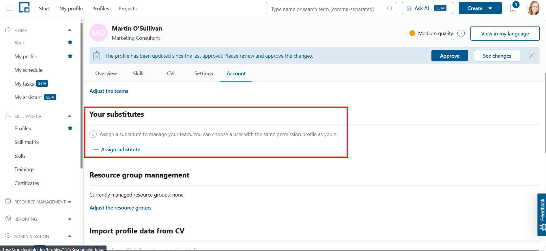 Profile Account tab with the Your substitutes section and its Assign substitute link highlighted