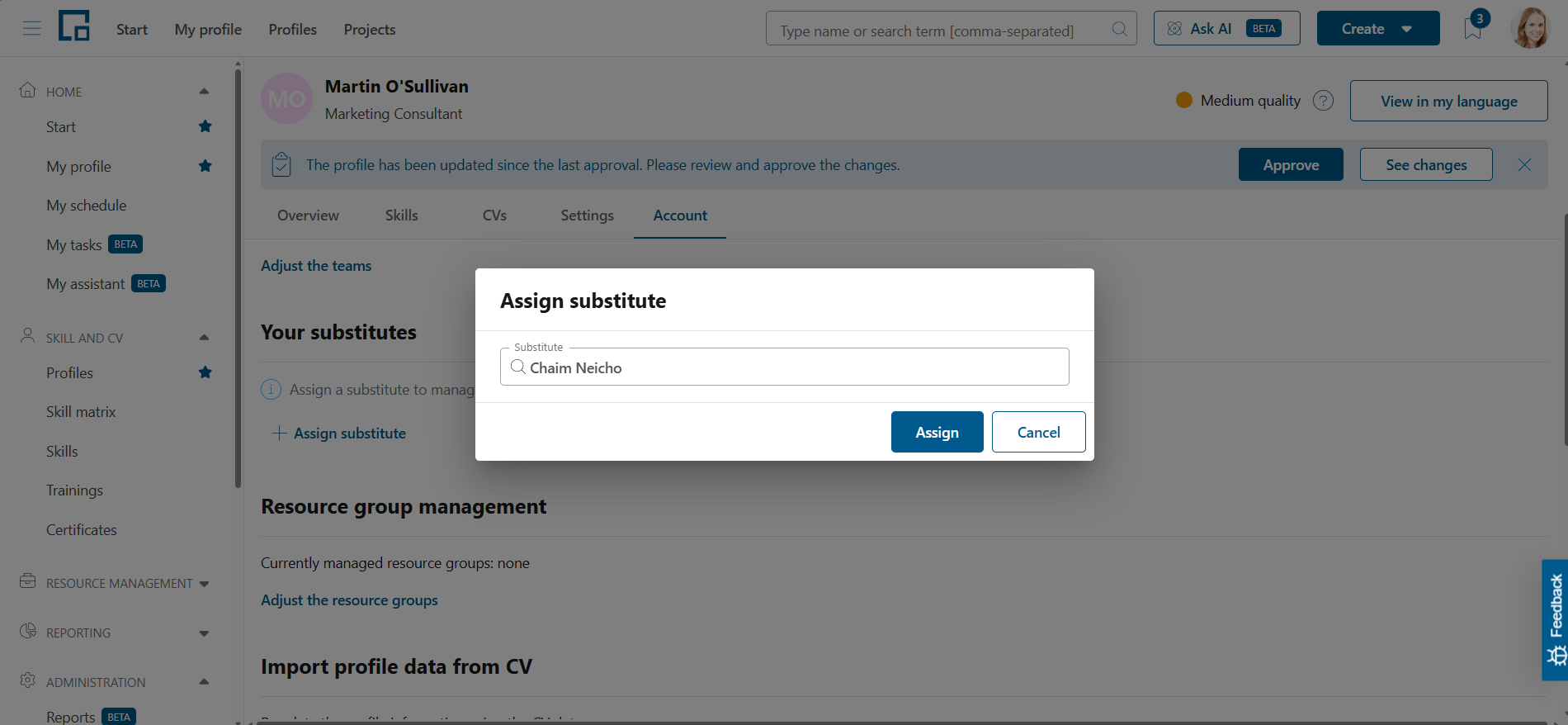 Assign substitute dialog with a user search field and Assign and Cancel buttons