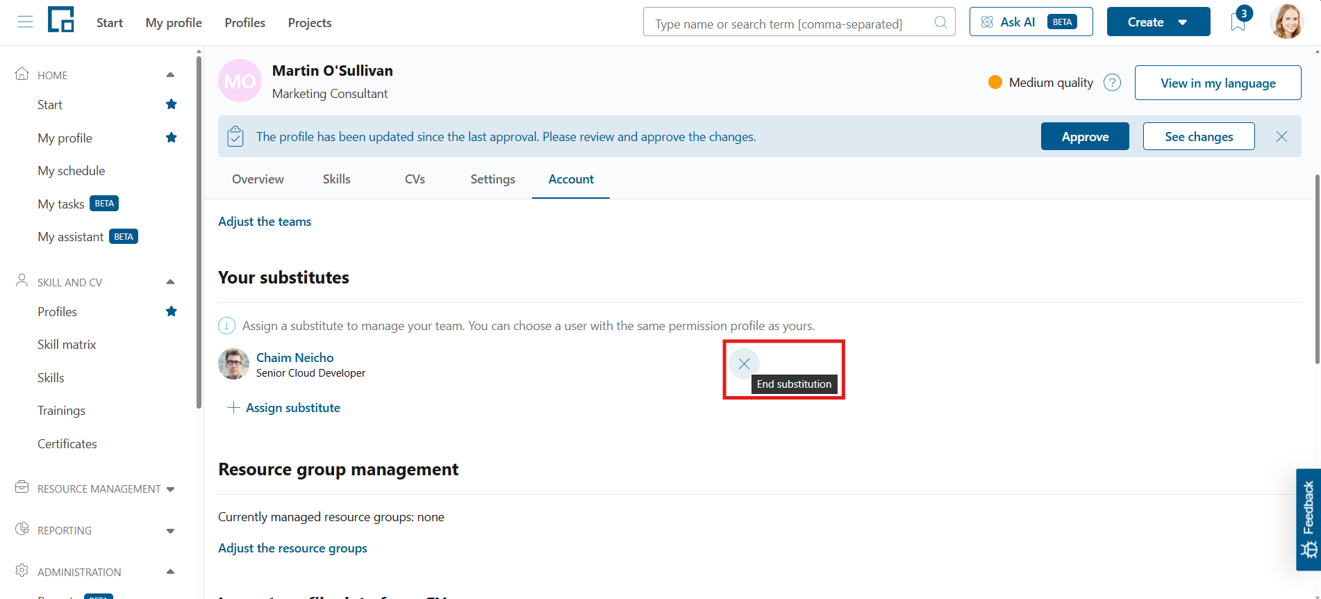 Assigned substitute in the Your substitutes list with the x button and its End substitution tooltip highlighted
