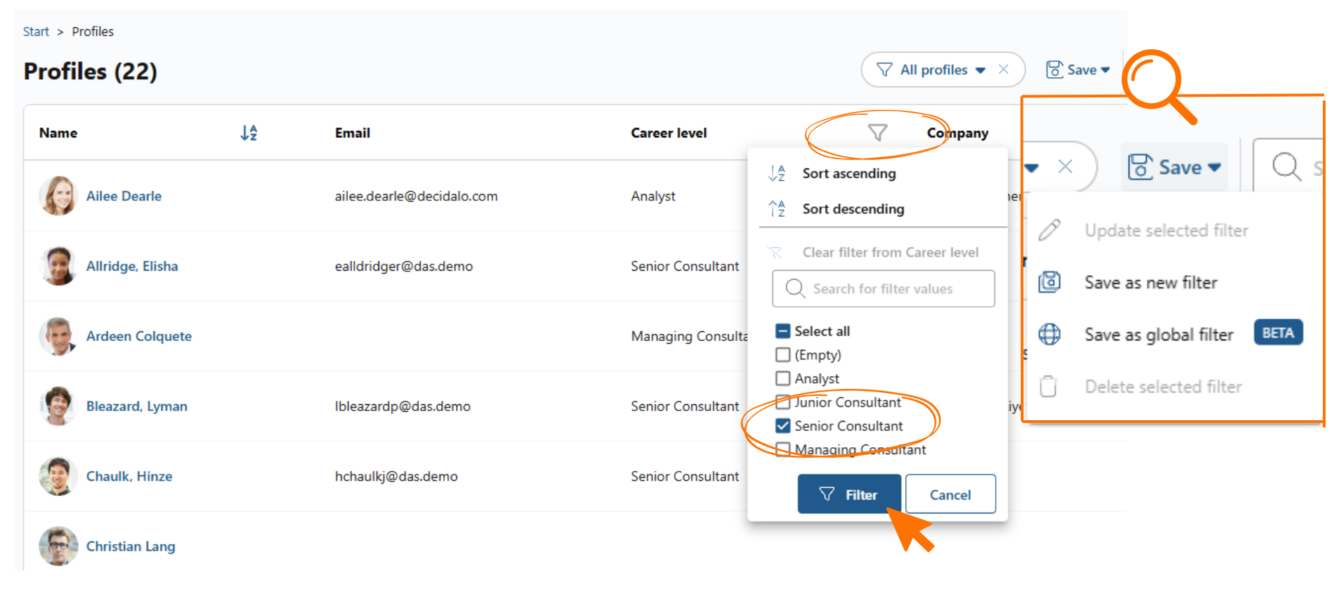 Profiles list with a career level column filter applied and the Save menu offering Save as new filter and Save as global filter