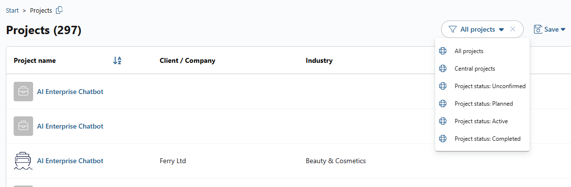 Filter dropdown on the projects page with predefined filters for central projects and each project status