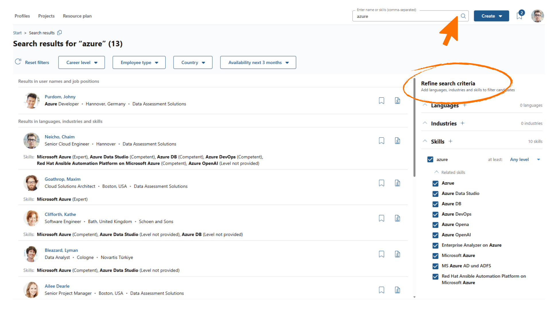 Global search results for a skill term with filter buttons and the refine search criteria panel for languages, industries and skills