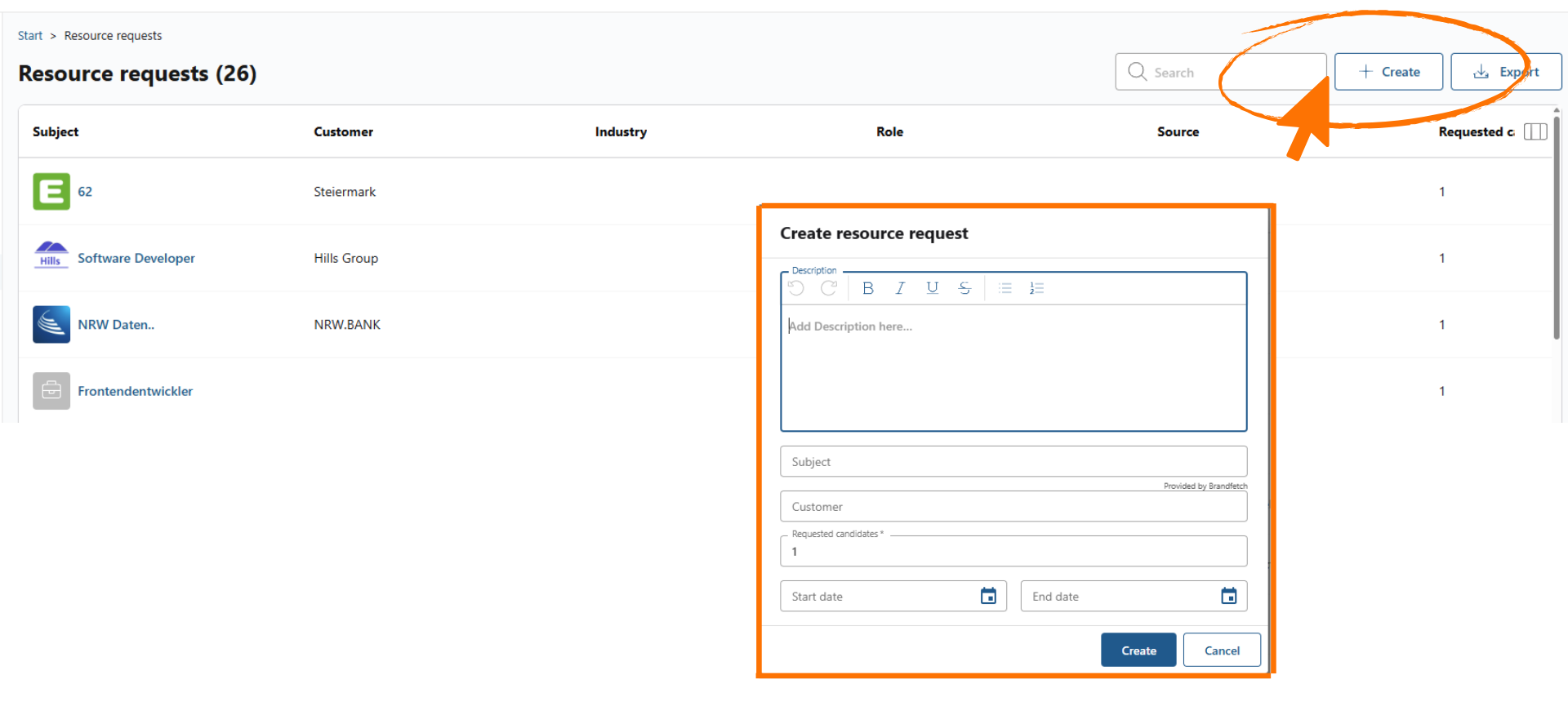 Resource requests list with the Create button and the Create resource request dialog for description, subject and dates