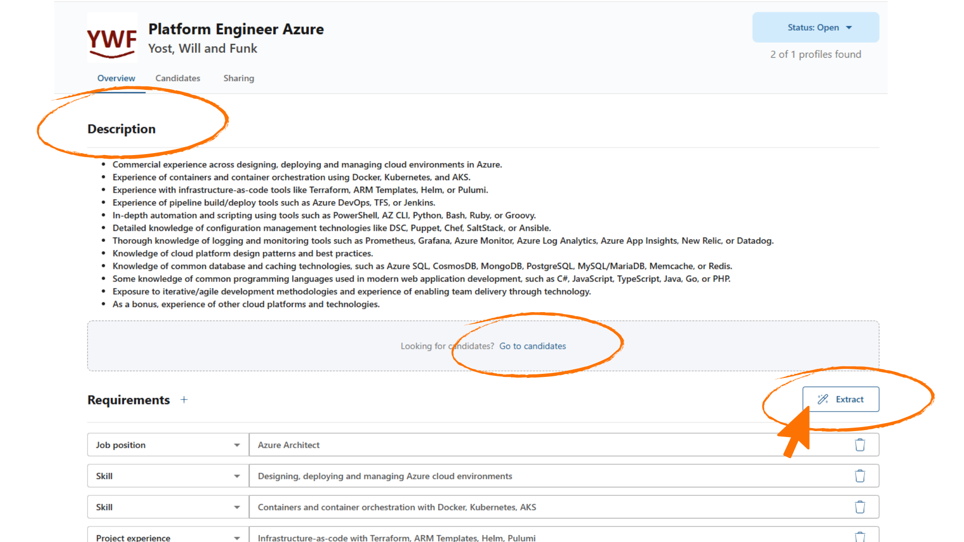 Resource request overview with the pasted description and the Extract button that turns it into requirements