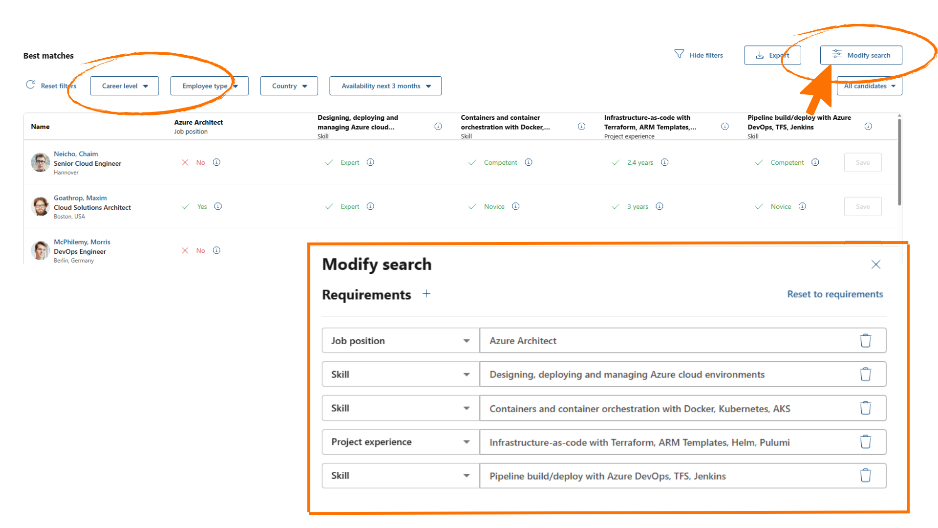 Best matches table rating candidates per requirement, with filters and the Modify search panel