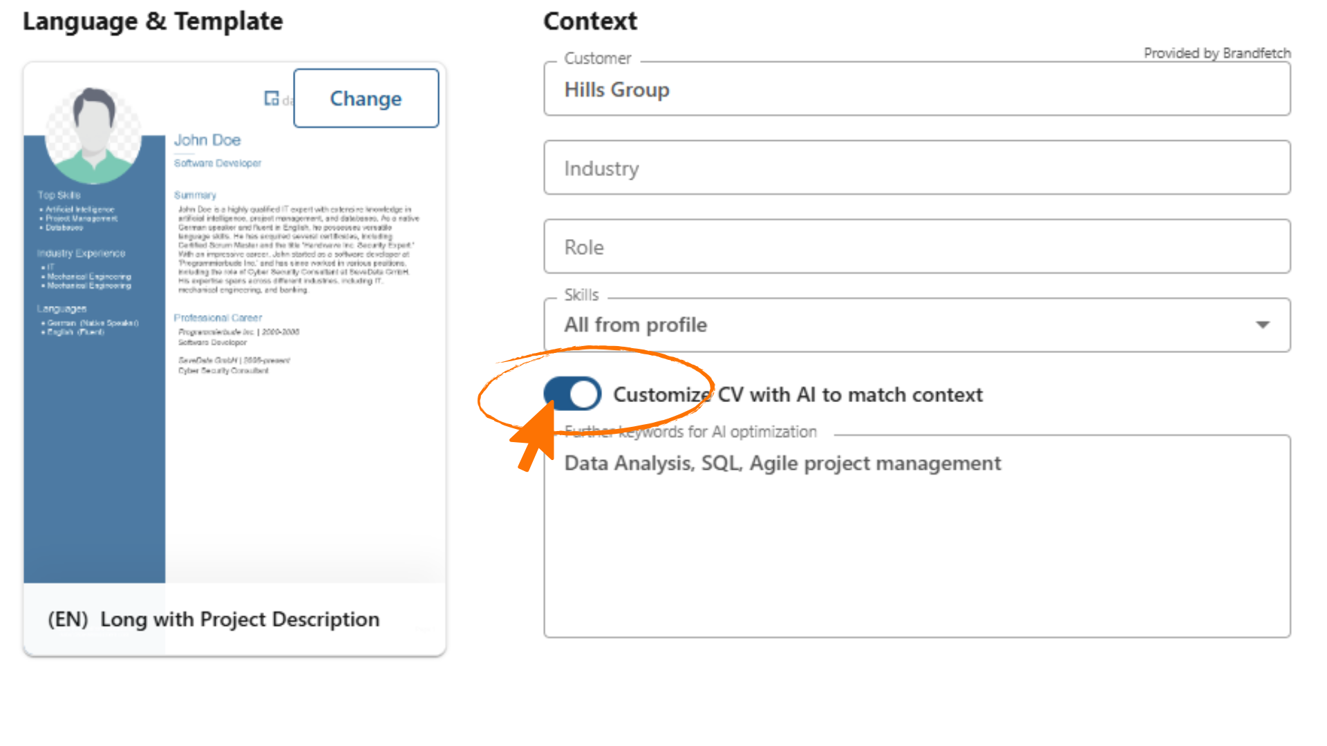 CV generation settings with template preview, context fields and the toggle to customize the CV with AI