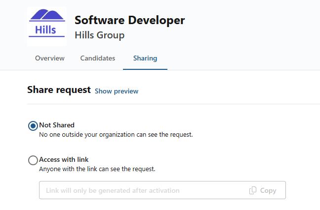 Sharing tab of a resource request with the Not shared and Access with link options
