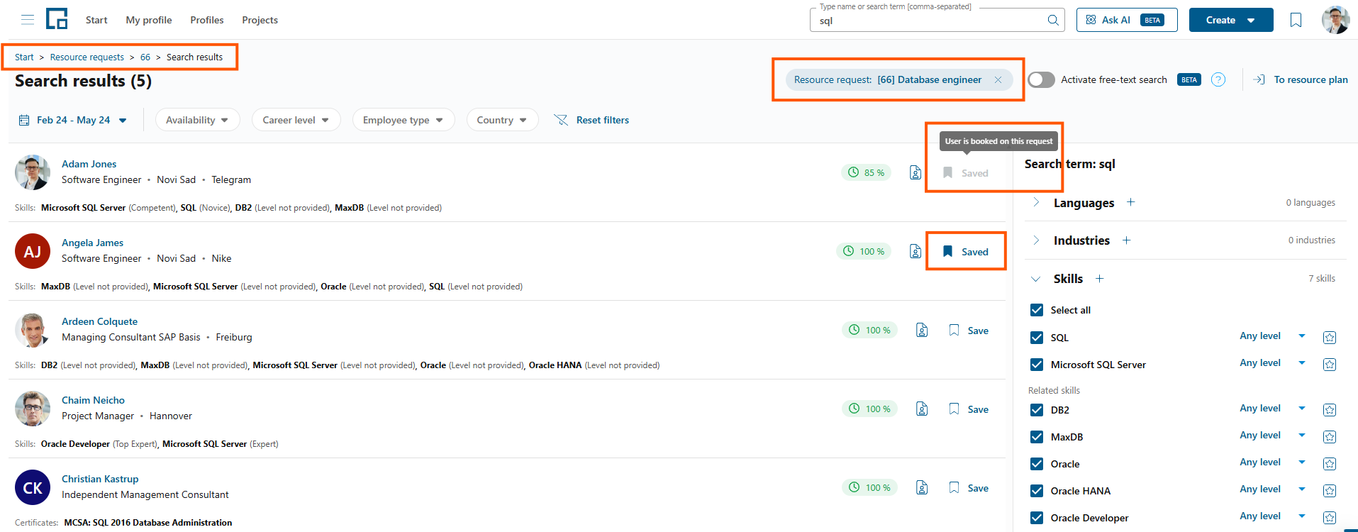 Search results in a resource request context with Save buttons, saved candidates and a disabled entry for a booked user