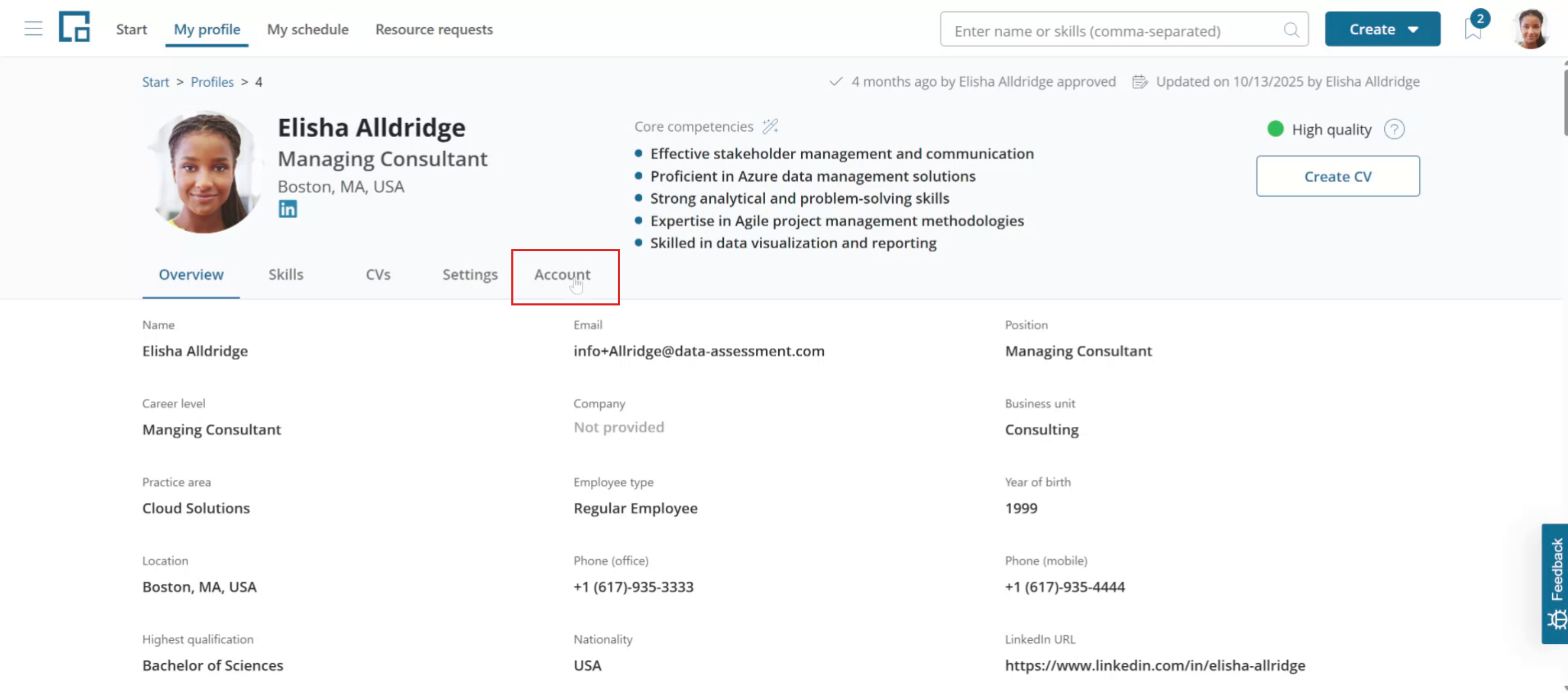 Own profile page with the Account tab highlighted