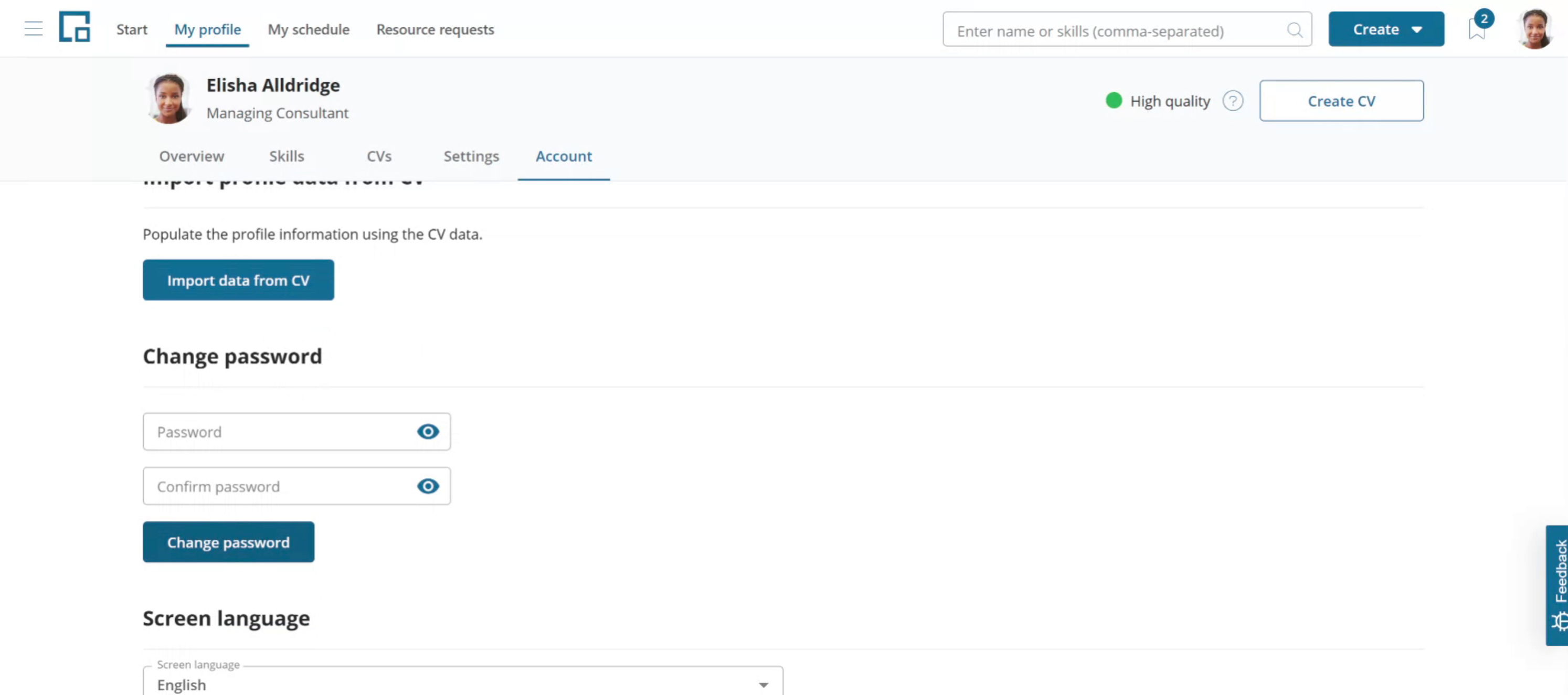 Change password section on the Account tab with password and confirm password fields