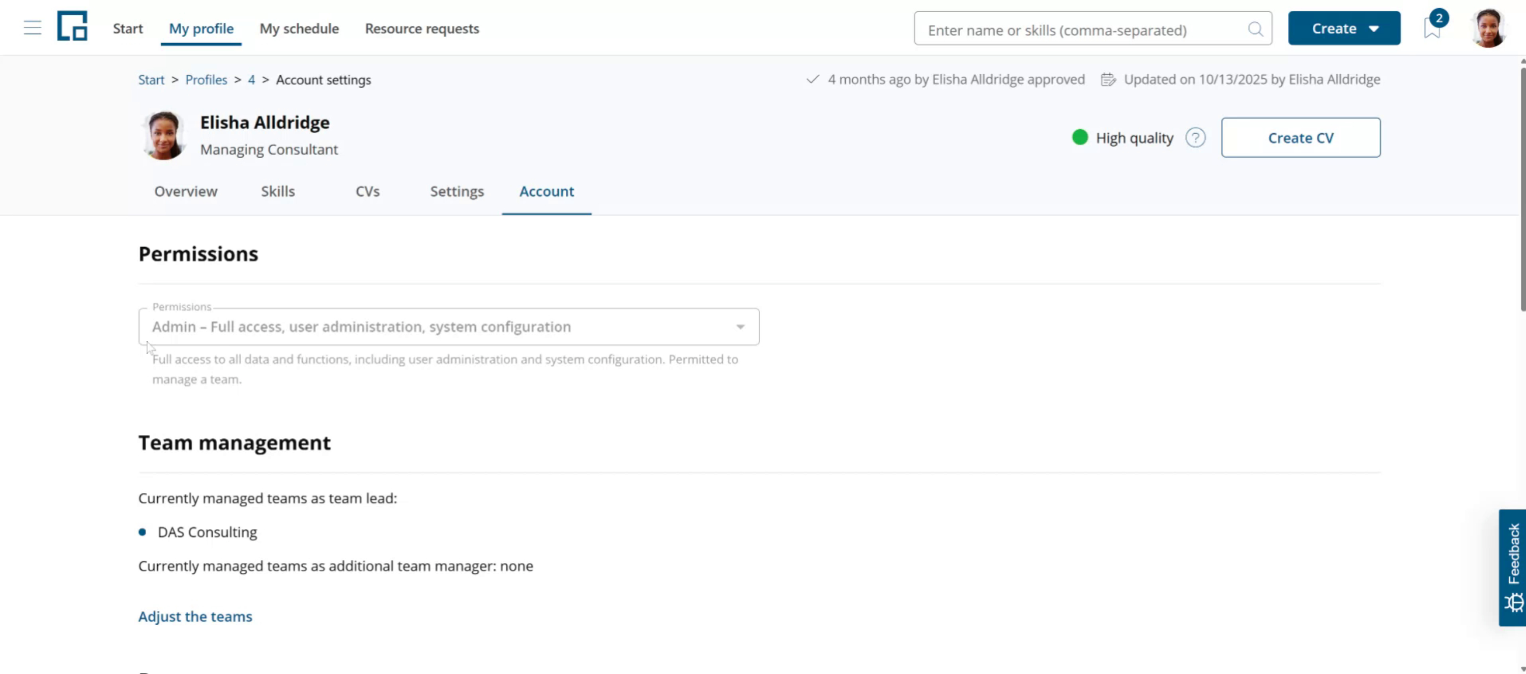 Permissions section on the Account tab showing the assigned permission profile and its description