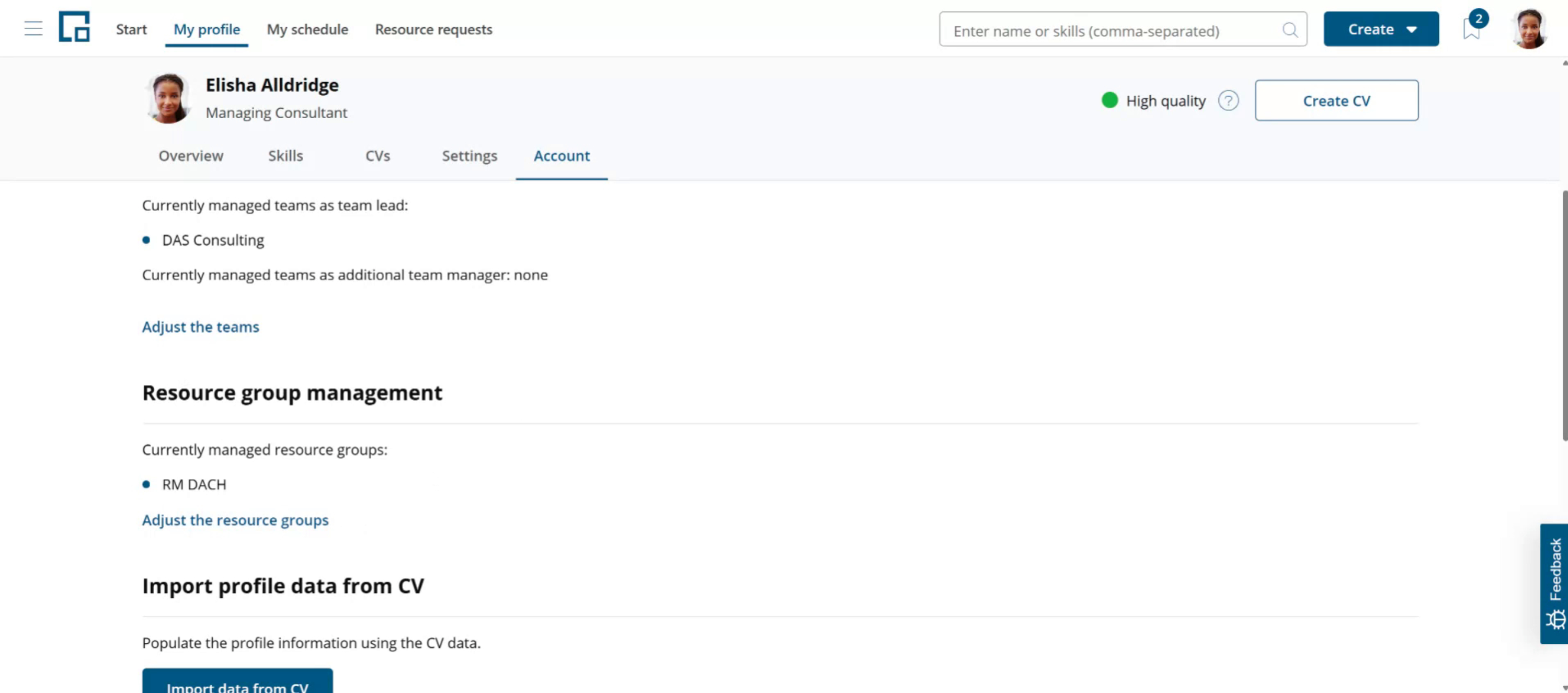 Account tab listing the managed teams and the managed resource groups