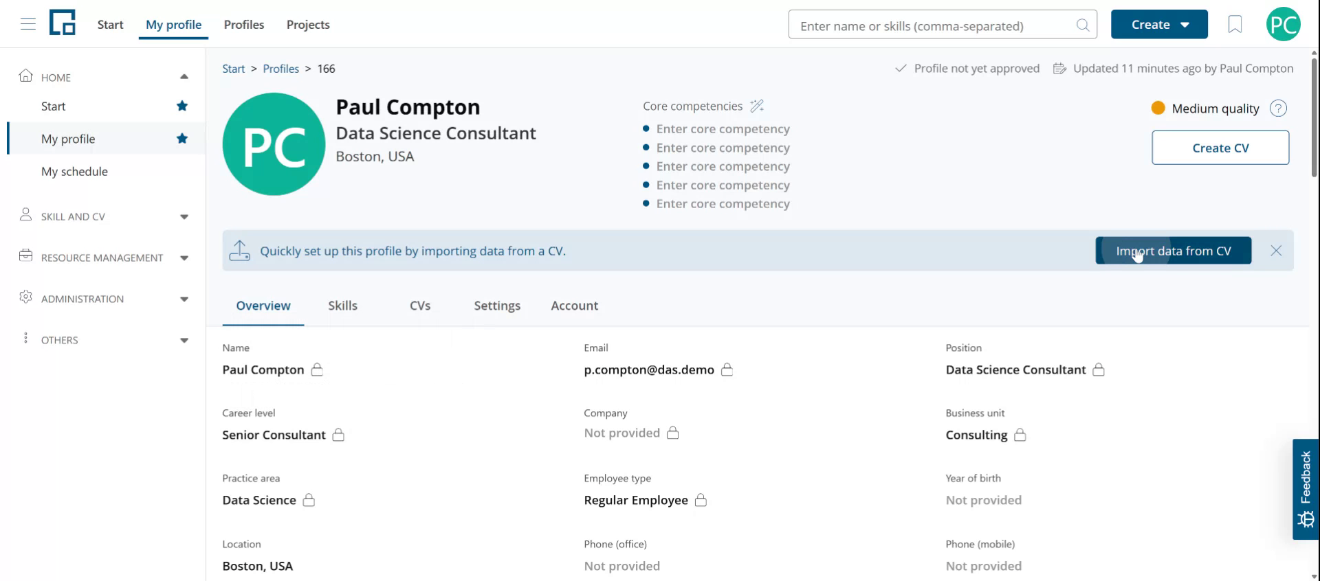 Profile overview with employee master data fields, centrally managed ones marked with a lock icon