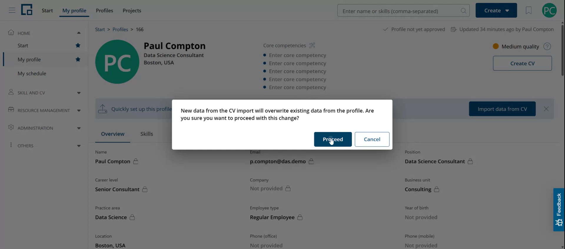 Confirmation dialog warning that the CV import overwrites existing profile data, with Proceed and Cancel buttons