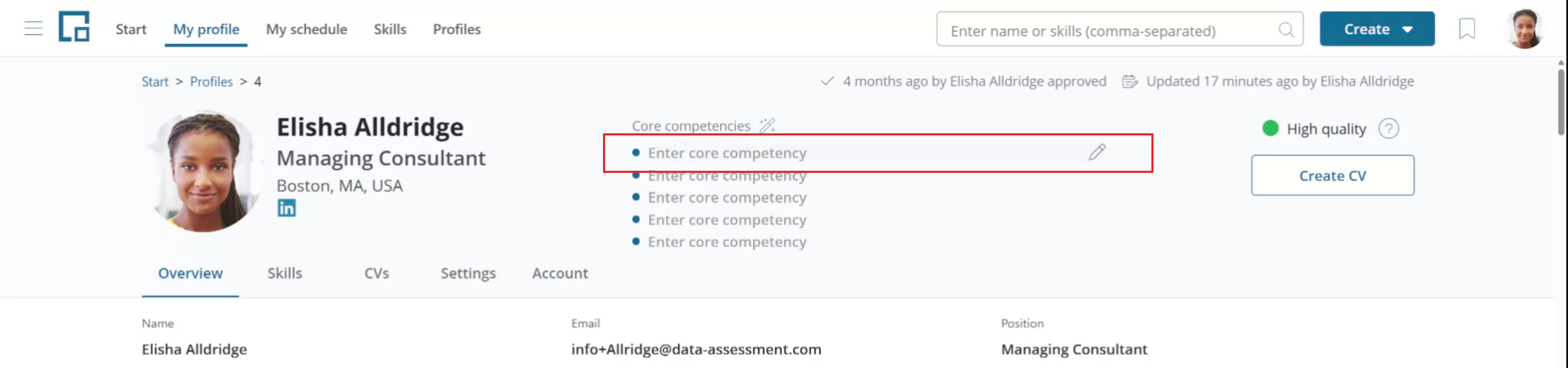 Highlighted inline editable core competency field with an edit icon on hover