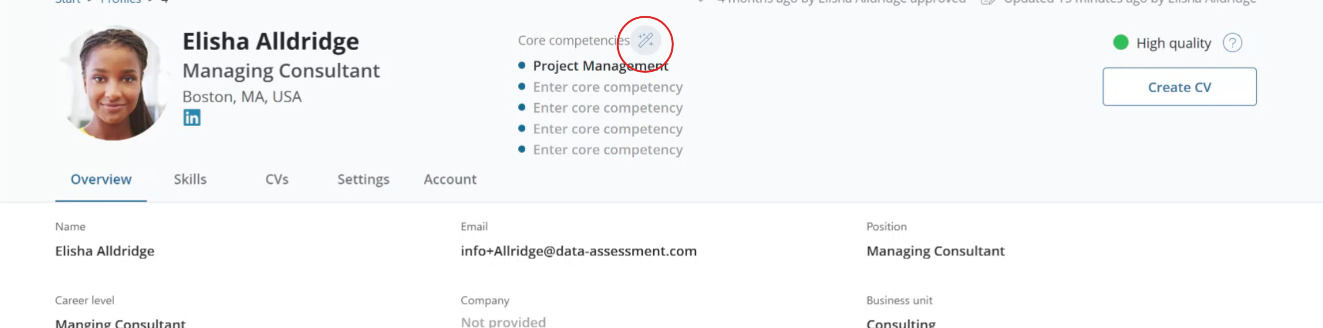 Magic wand icon next to the core competencies heading on a profile