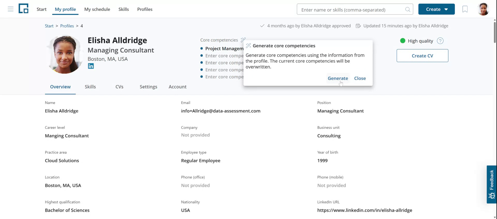 Generate core competencies popup explaining the AI suggestion, with Generate and Close buttons