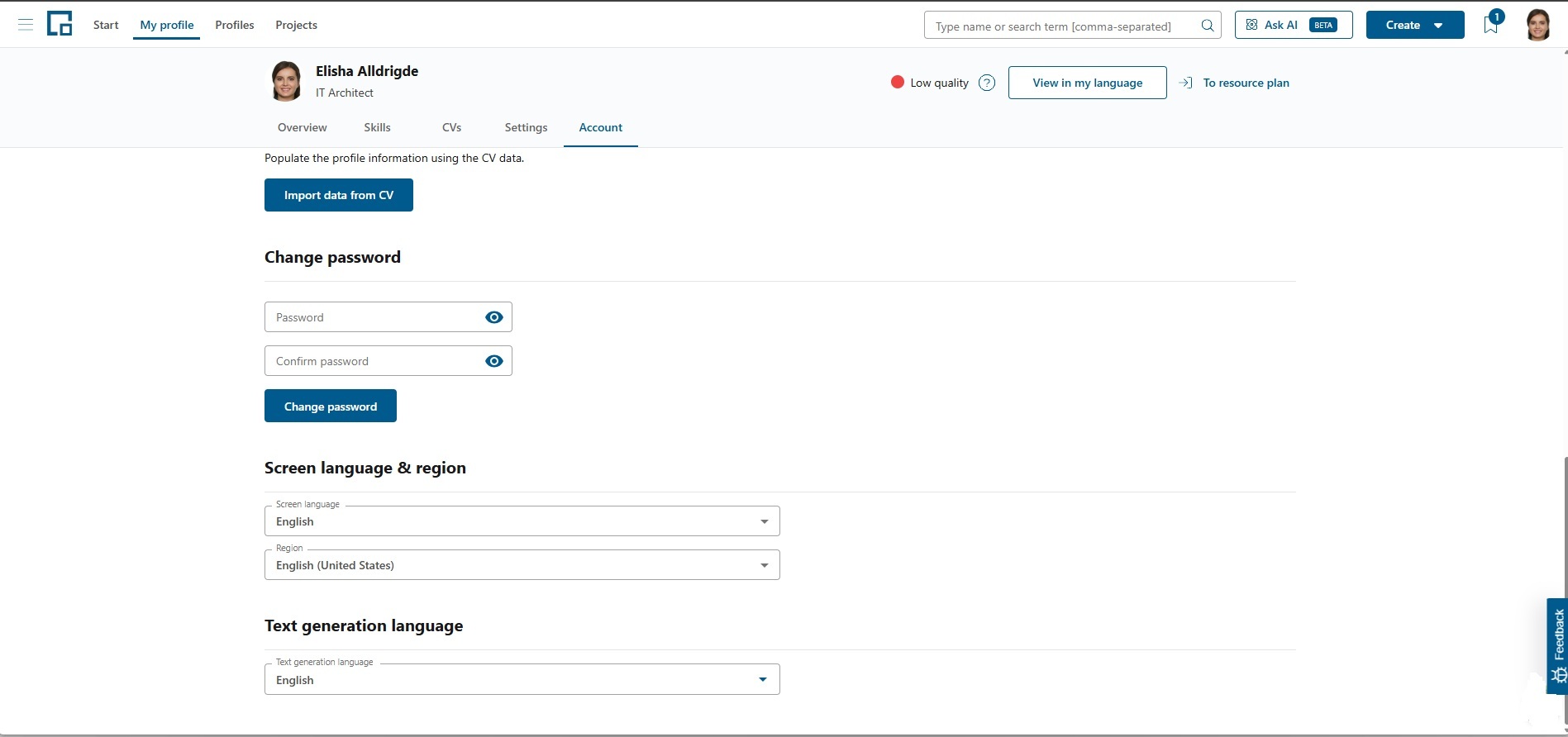 Account tab with the screen language, region and text generation language dropdowns