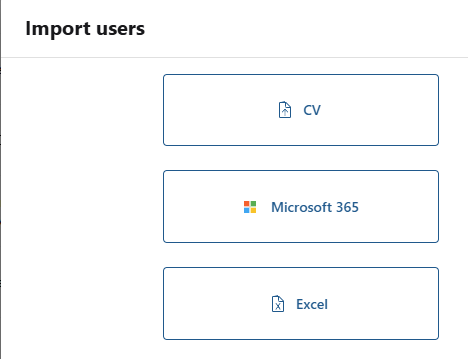 Import users dialog with the CV, Microsoft 365 and Excel options