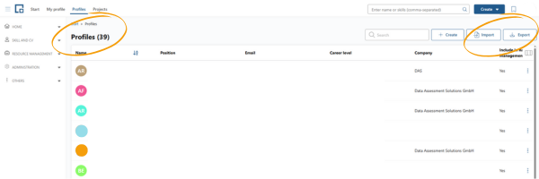 Profiles overview with the Import and Export buttons highlighted